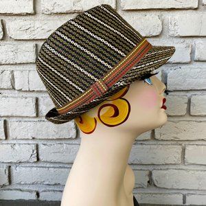 SOLD Nine West Striped Woven Straw Fedora Embroidered Trilby Hat